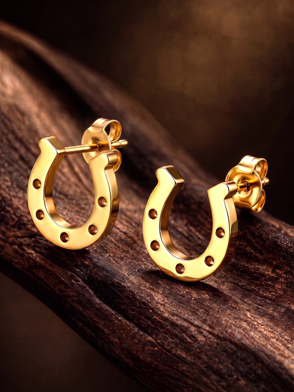 Gold Tone Lucky Horseshoe Stud Earrings Stainless Steel Western